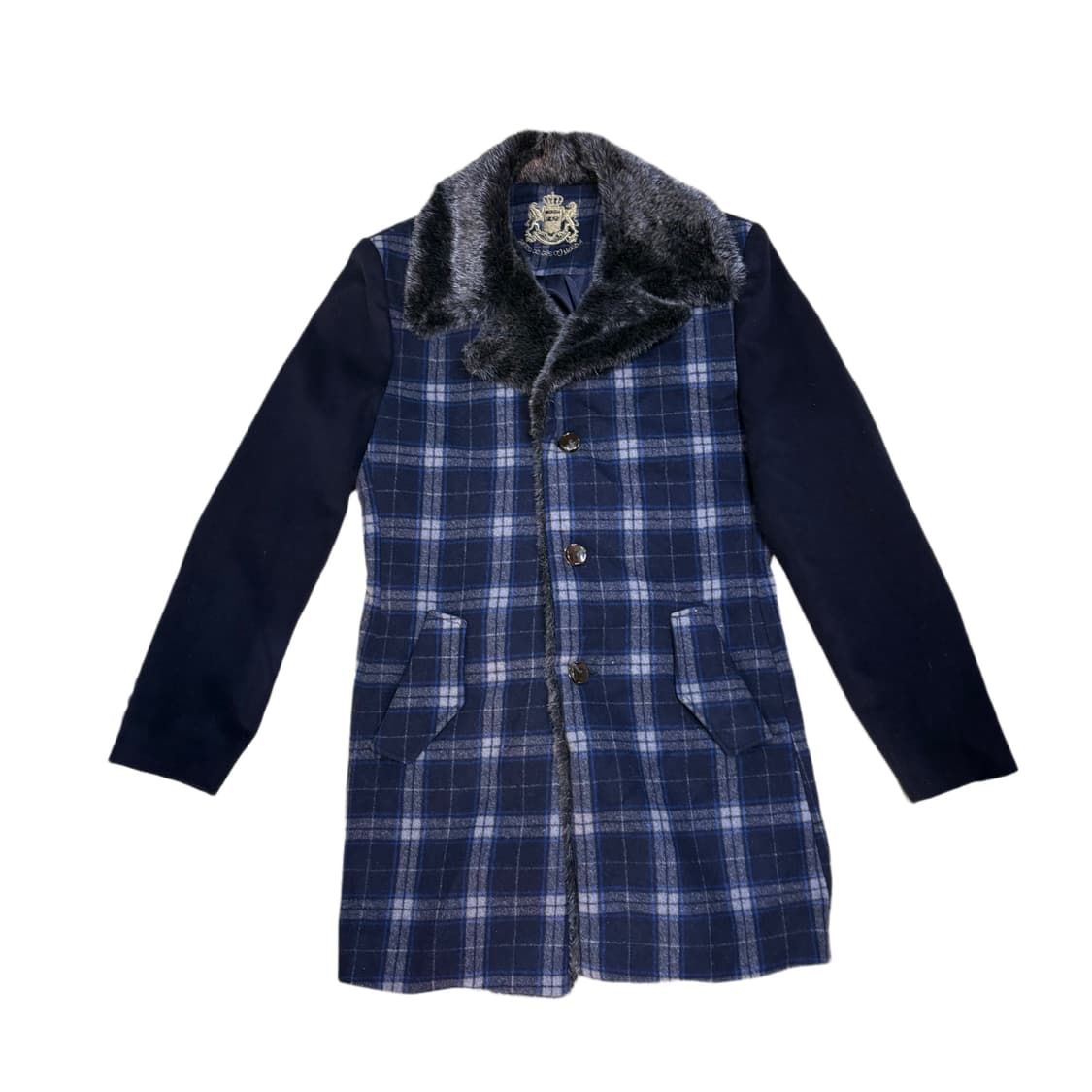 빈티지 네이비 체크 털 카라 코트 상품이미지2