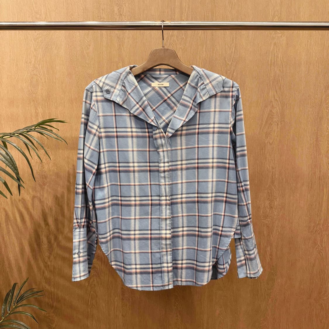 시스템 오픈카라 체크 셔츠 히든 버튼 플래킷 컬러 배색 블루 상품이미지1