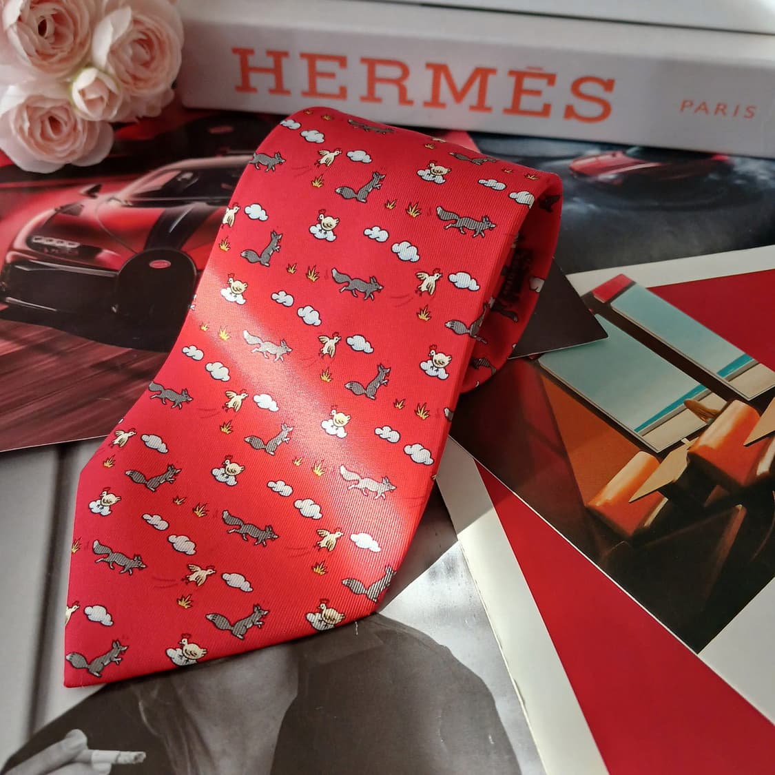 에르메스 실크 레드 닭&여우 패턴 넥타이 9.2cm A+등급 A19027 상품이미지2