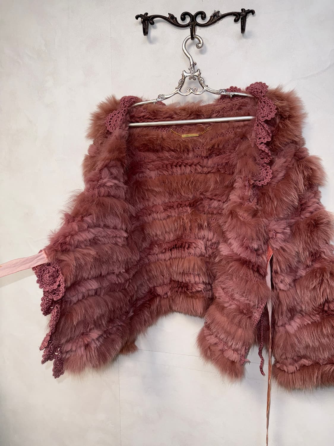 Rose pink rabbit&fox fur crochet wrap jk 상품이미지3