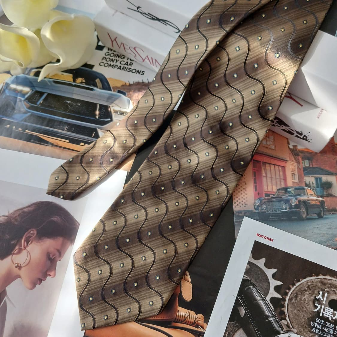 입생로랑 실크 브라운 웨이브 패턴 넥타이 9.6cm A+등급 A18966 상품이미지3