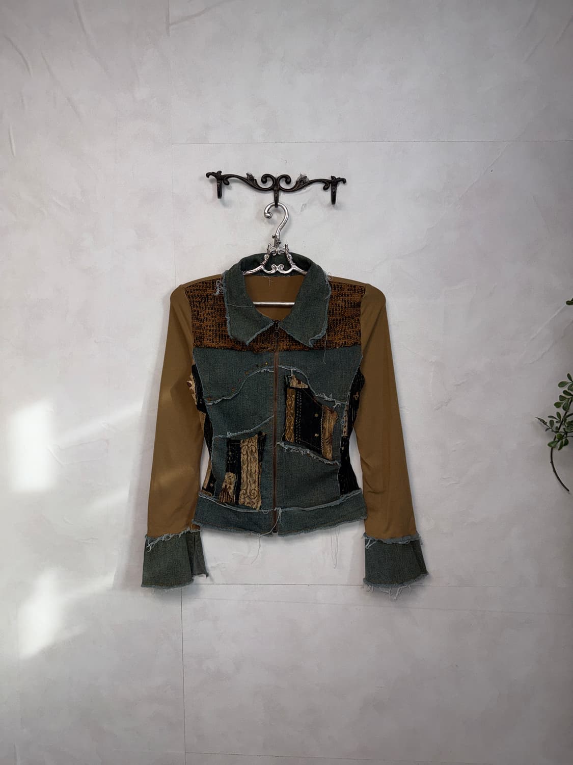 Brown ethnic lace knit patch denim zipup 상품이미지2