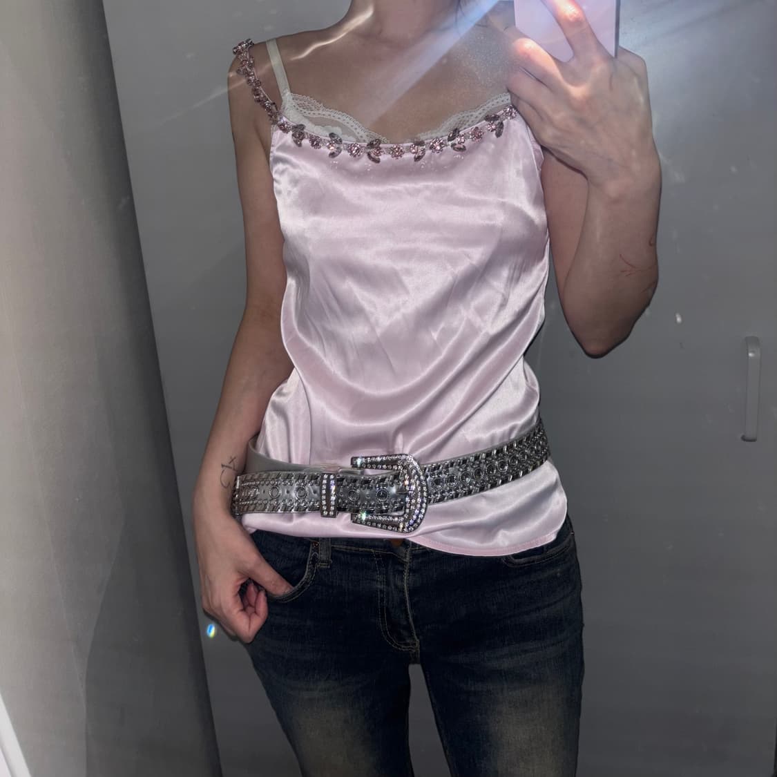 빈티지 핑크 실크 큐빅 슬리브리스  상품이미지1