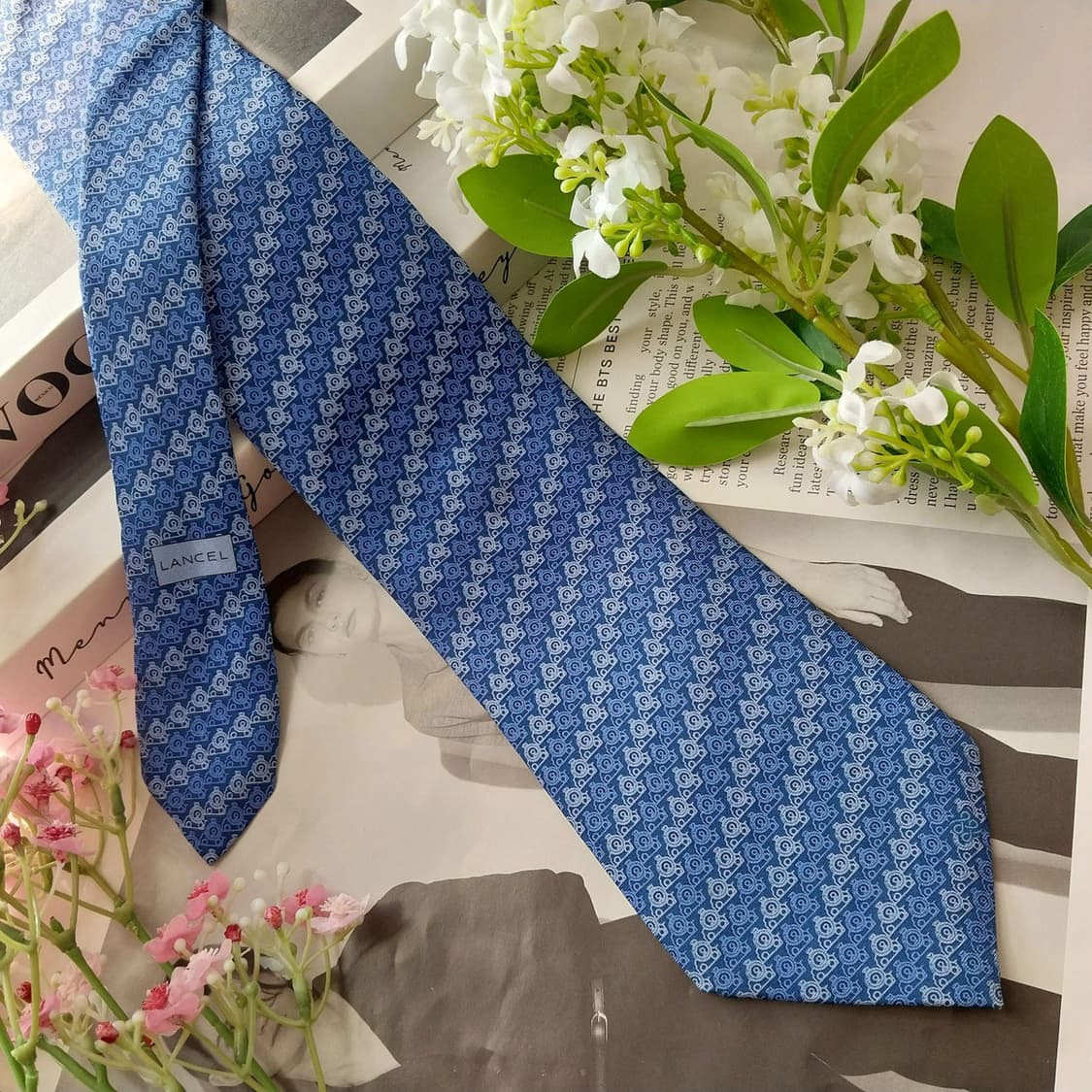 란셀 실크 블루 올오버 패턴 넥타이 8.8cm A+등급 K1893 상품이미지4