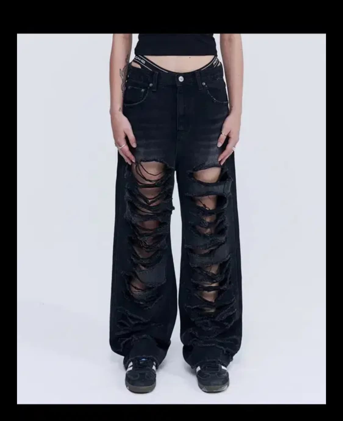 락케이크 피아 데미지 와이드 진 팬츠 블랙 상품이미지1