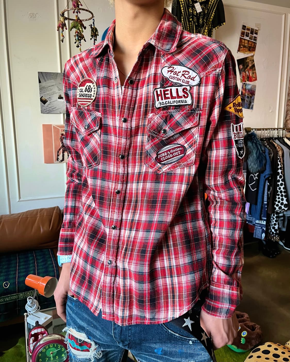 90-00s M&S Japan Punk Patch Check Shirt 상품이미지2