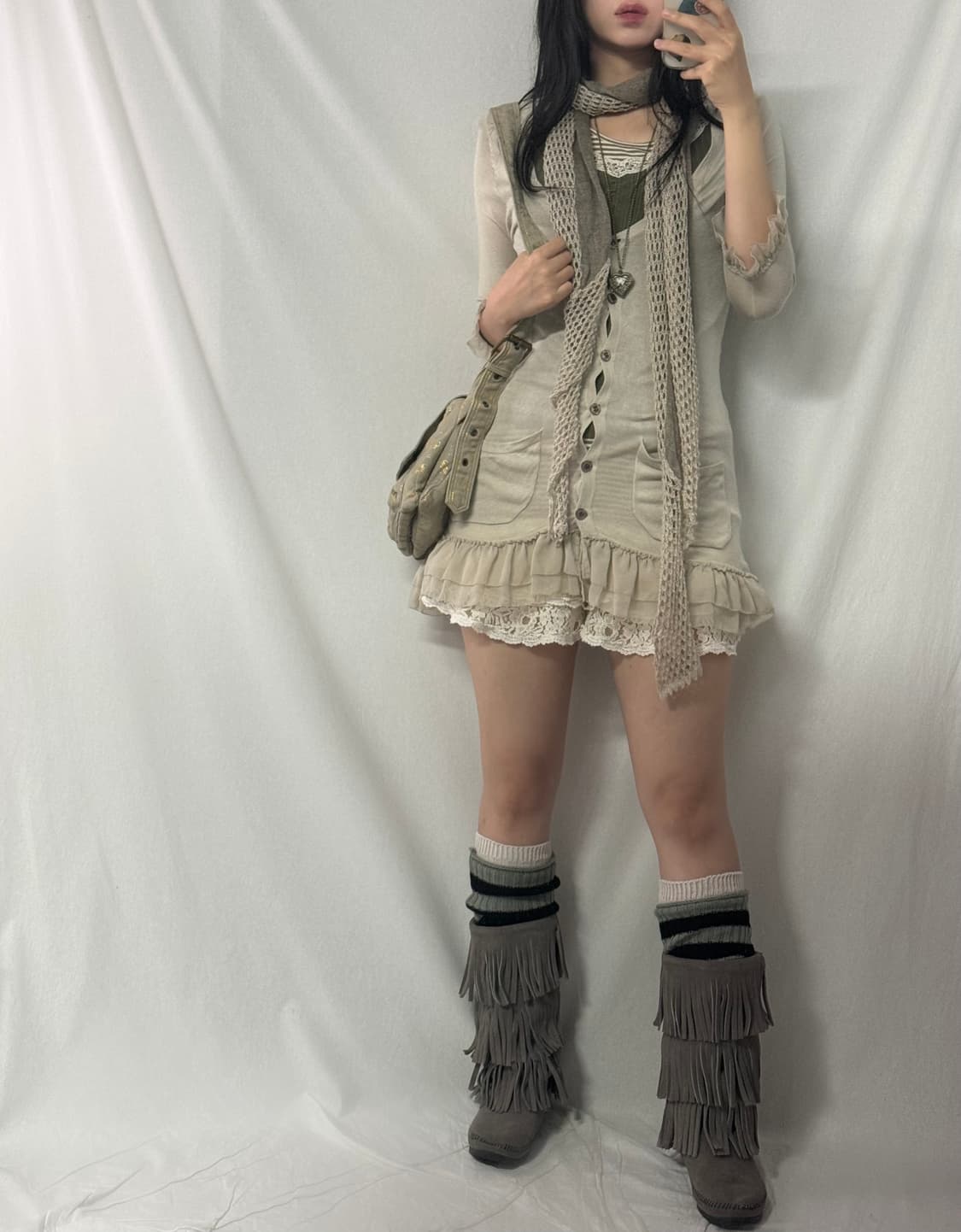 페어리 러플 가디건 레이스 셔링 슬리브리스 3pcs SET 상품이미지3