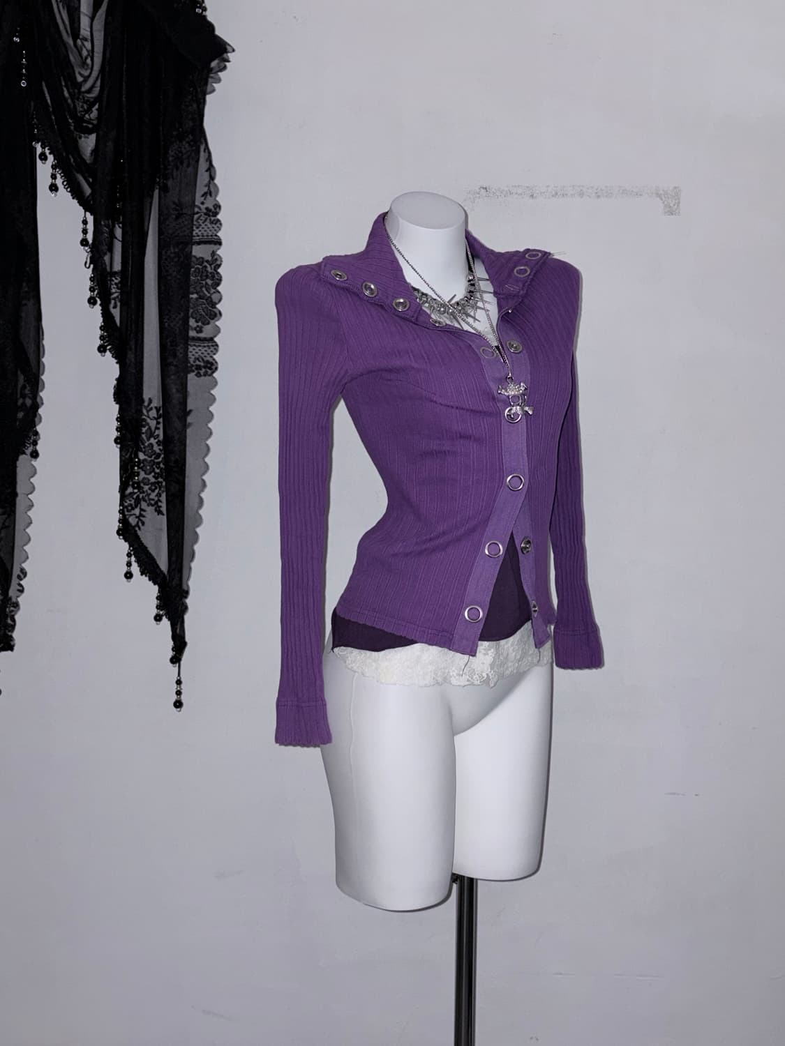 00s 빅 아일렛 버튼 퍼플 딱붙 골지 탑 상품이미지1