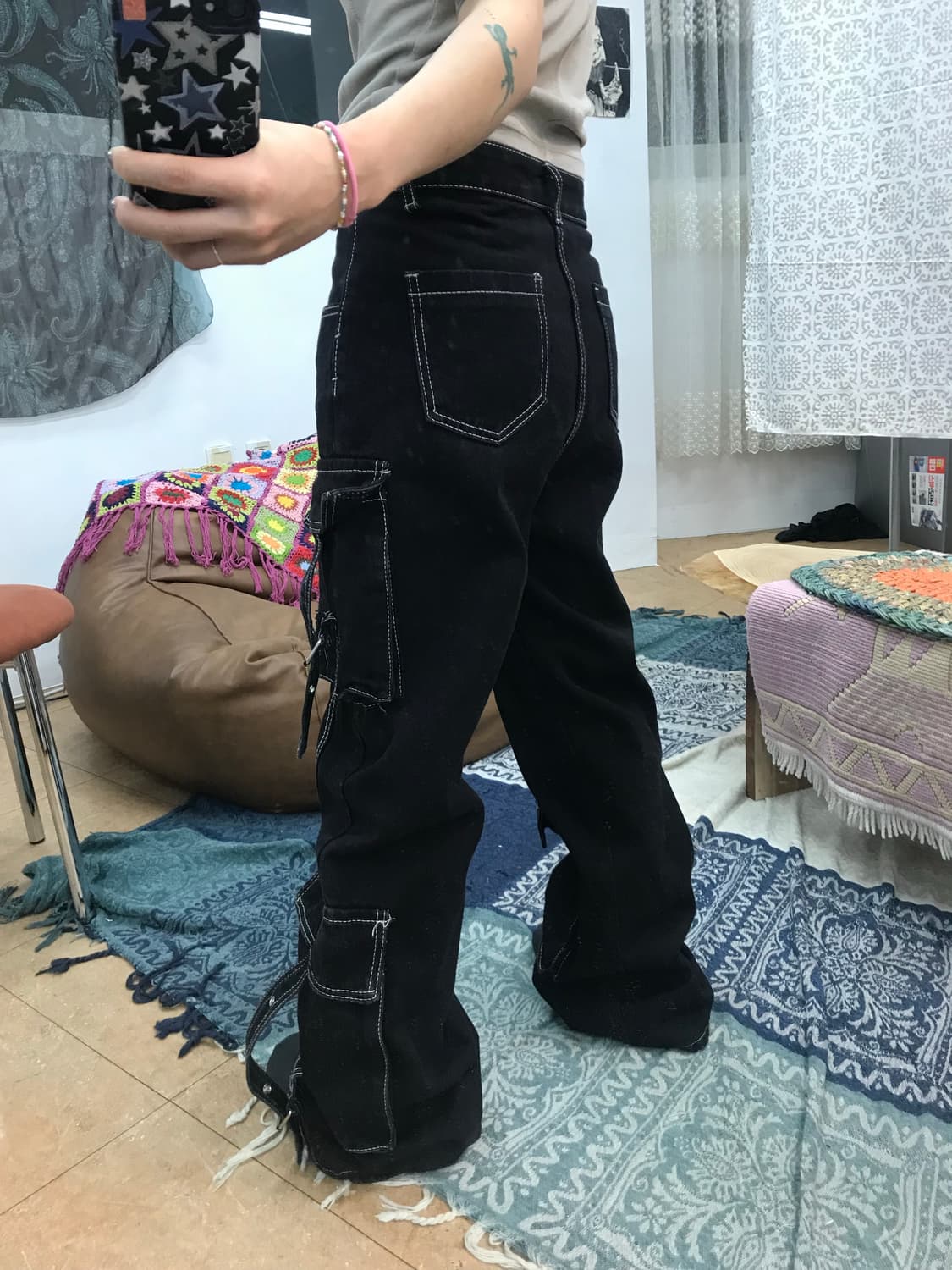 빈티지 여성 스티치 카고 흑청 데님팬츠  상품이미지2