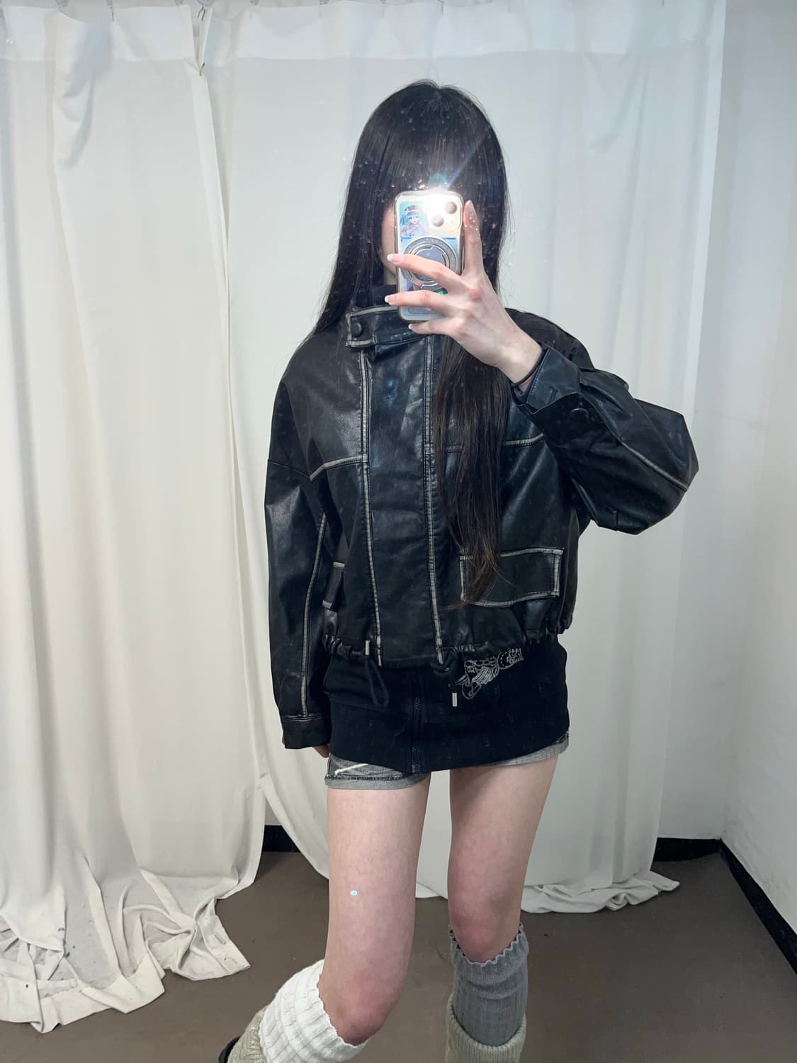 블랙 워싱 버튼 레더 자켓 상품이미지4