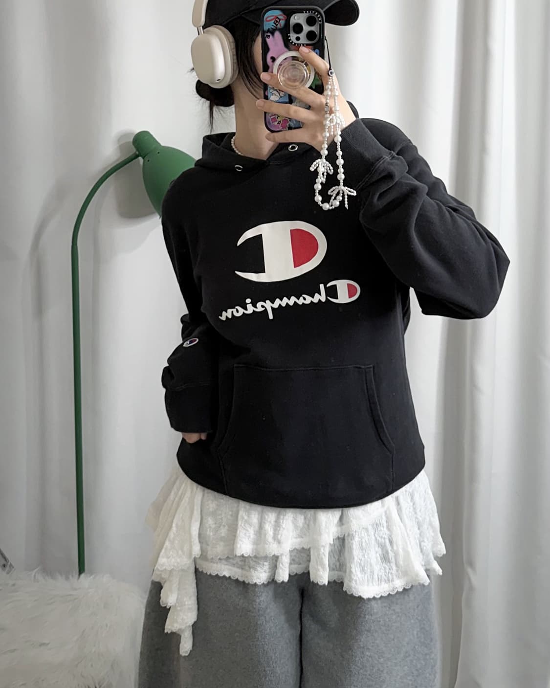 챔피온 블랙 오버핏 후드 티셔츠 상품이미지3