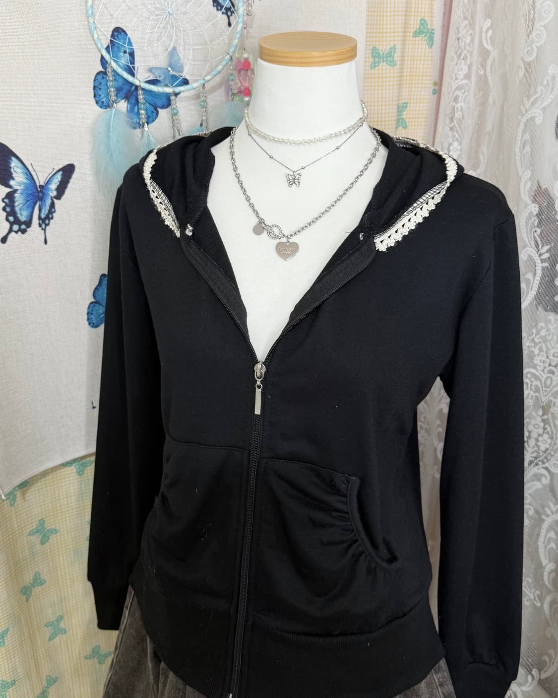 블랙 레이스 셔링 후드 집업 상품이미지7