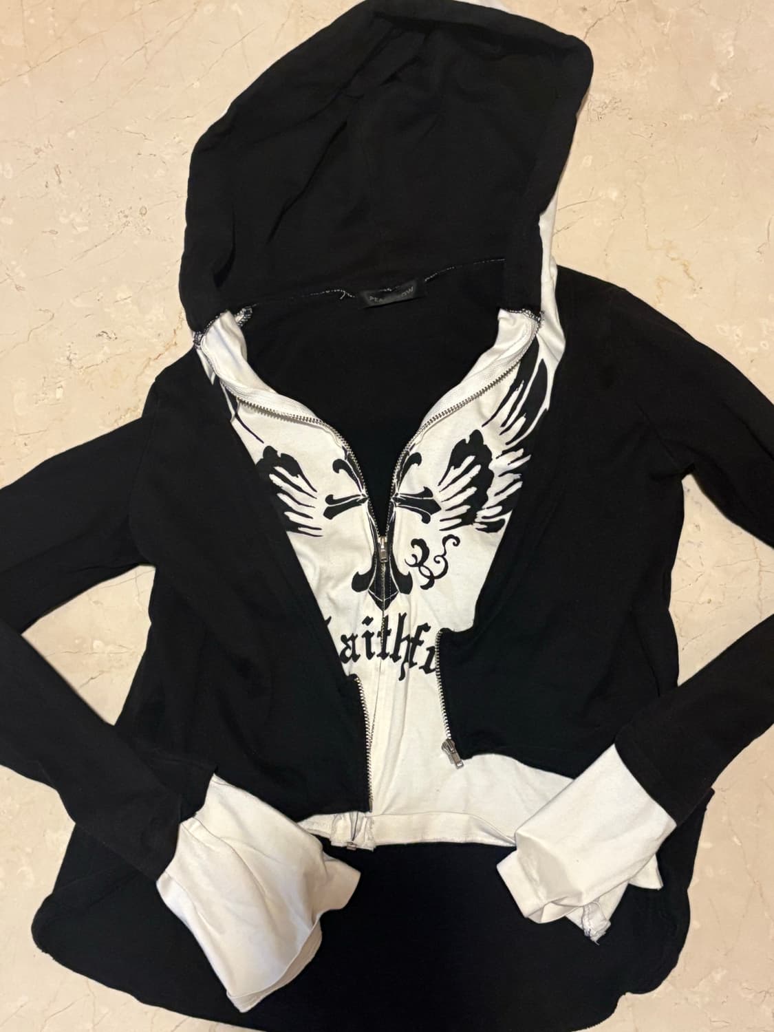 peace now 피스나우 블랙&화이트 레이어드 집업 후디 상품이미지1