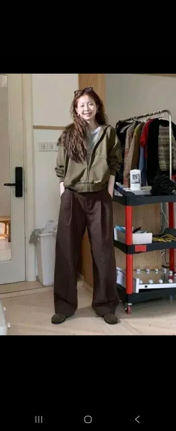 히피베 Hellooo Eat 플리츠 스트레이트 캐주얼 팬츠 브라운 XS 상품이미지1