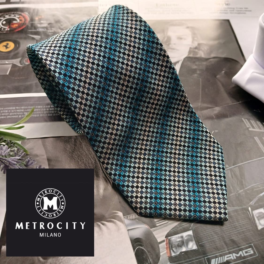 메트로시티 실크 블루&그린 자카드 넥타이 8.6cm A+등급 A18579 상품이미지1