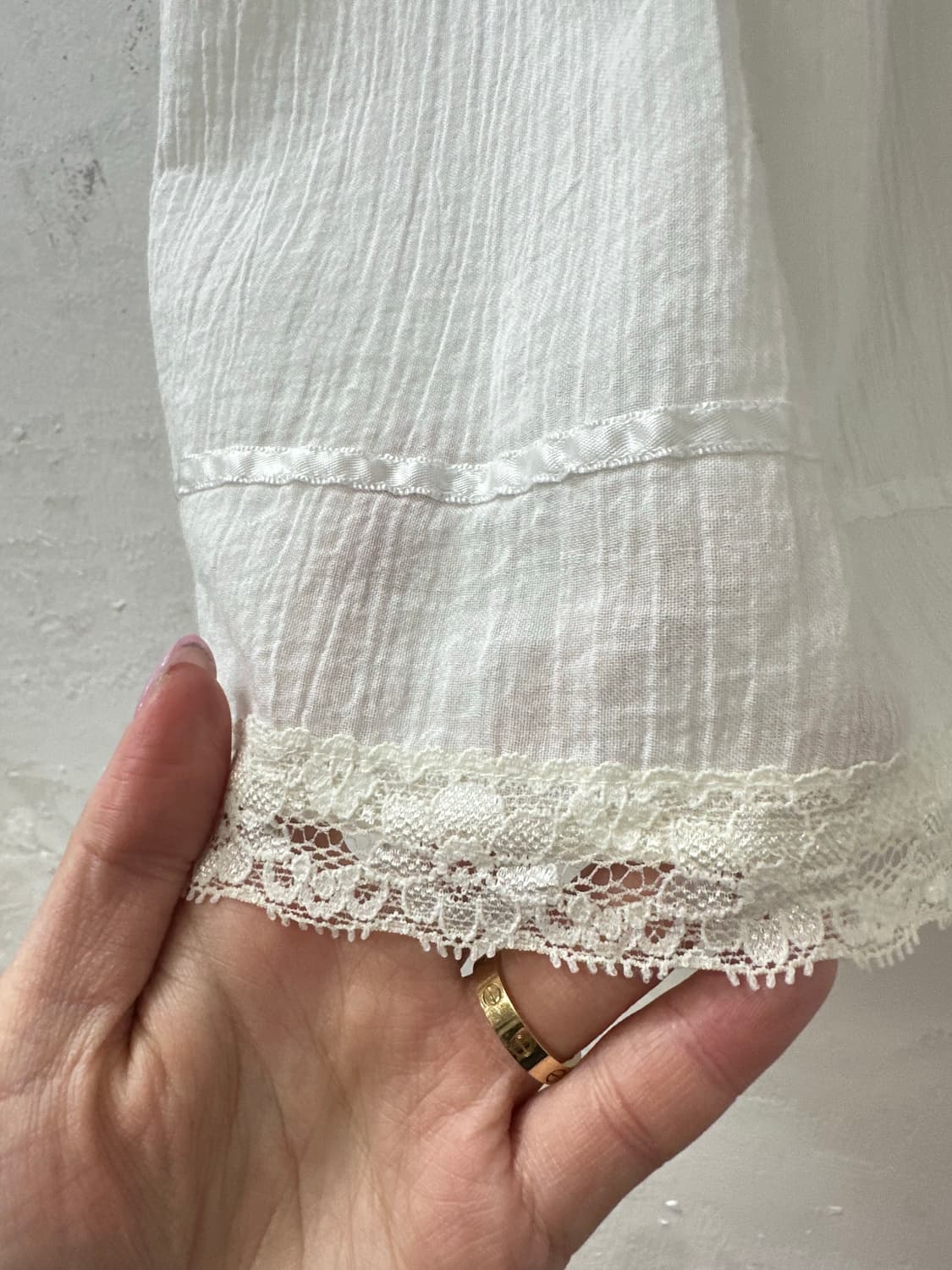 일본빈티지 코튼 100% 크로셰 요크 플라워 자수 셔링 슬리브리스 상품이미지7