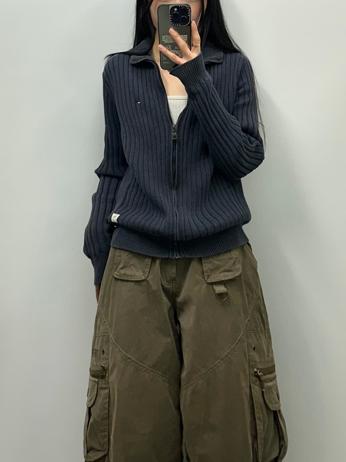 타미힐피거 자수로고 네이비 골지 니트 집업 가디건 상품이미지1