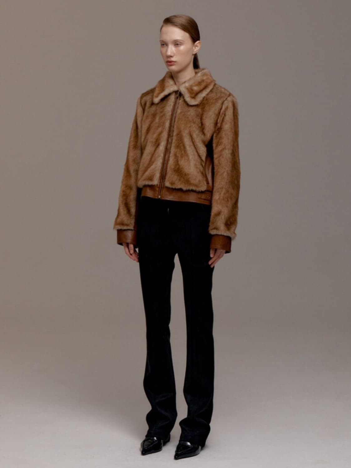 (새상품)르비에르 페이크 레더 퍼 자켓 S 카멜 상품이미지2