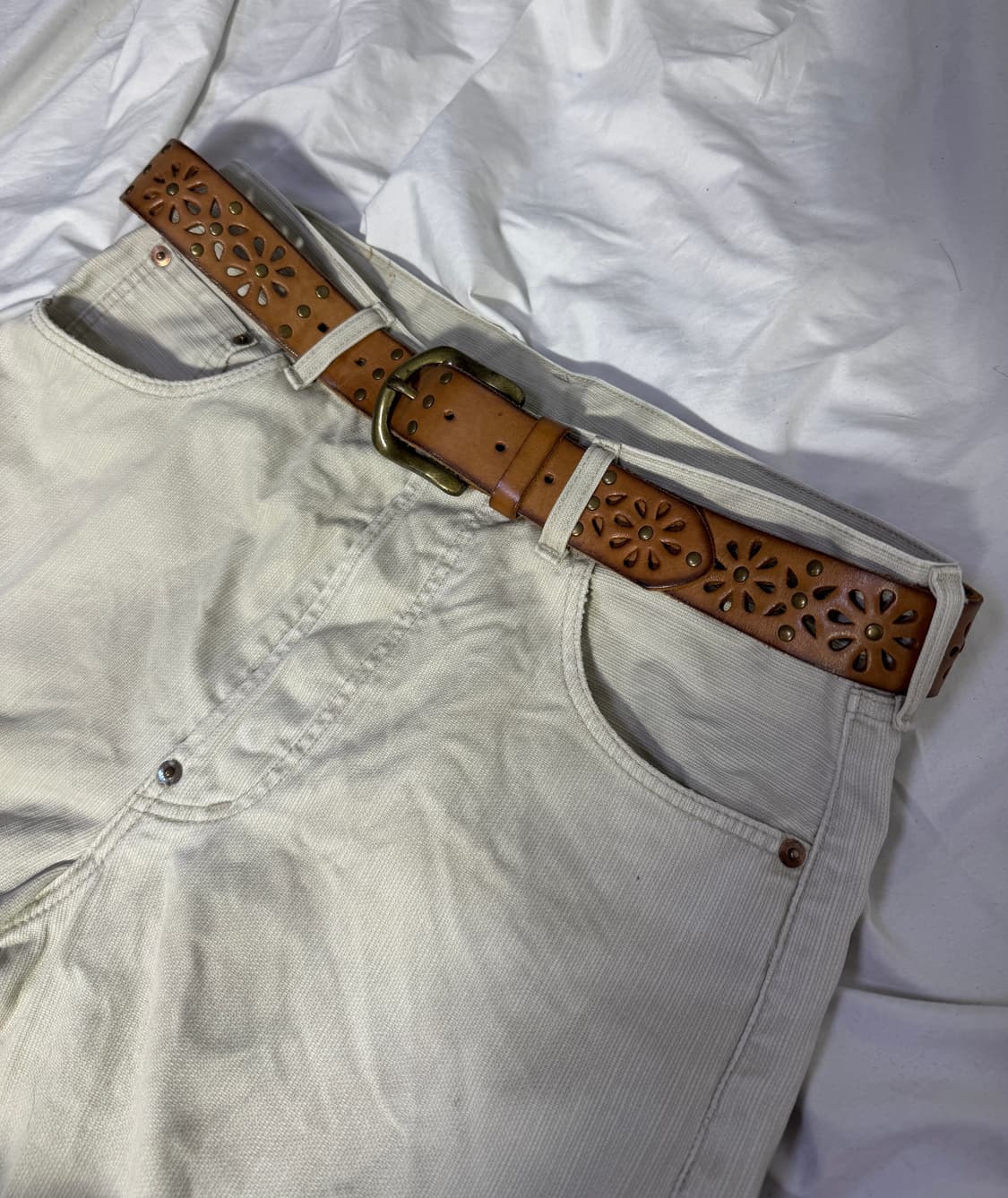 빈티지 플라워 펀칭 웨스턴 레더 벨트 네이티브 아메리칸 상품이미지1