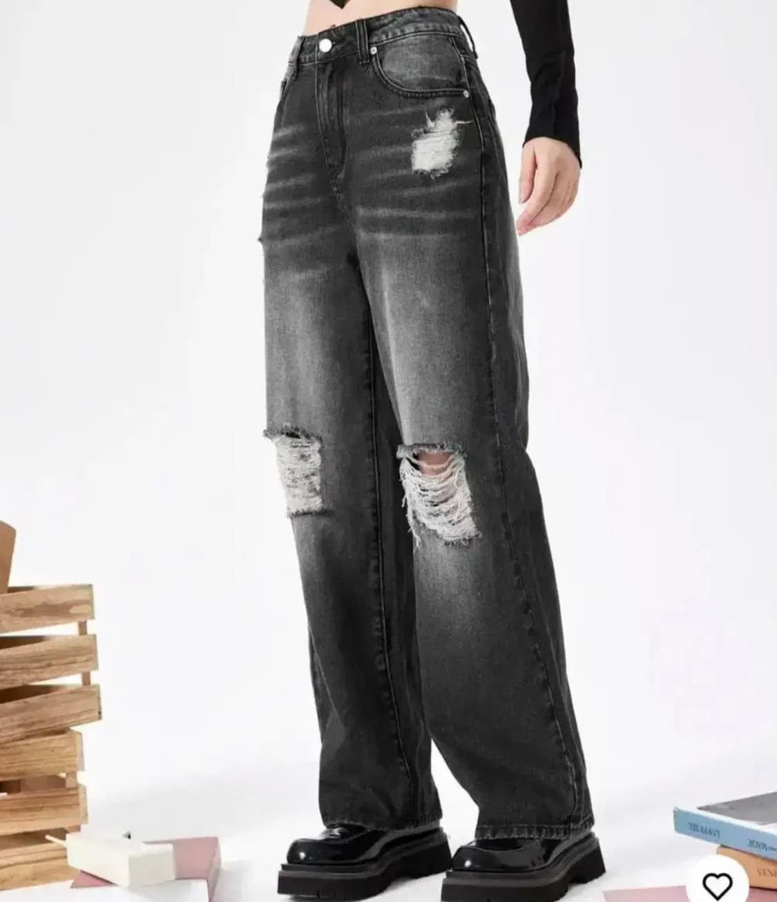 CIDER 샵사이다 블랙 데미지 워싱 와이드 데님 팬츠 상품이미지1