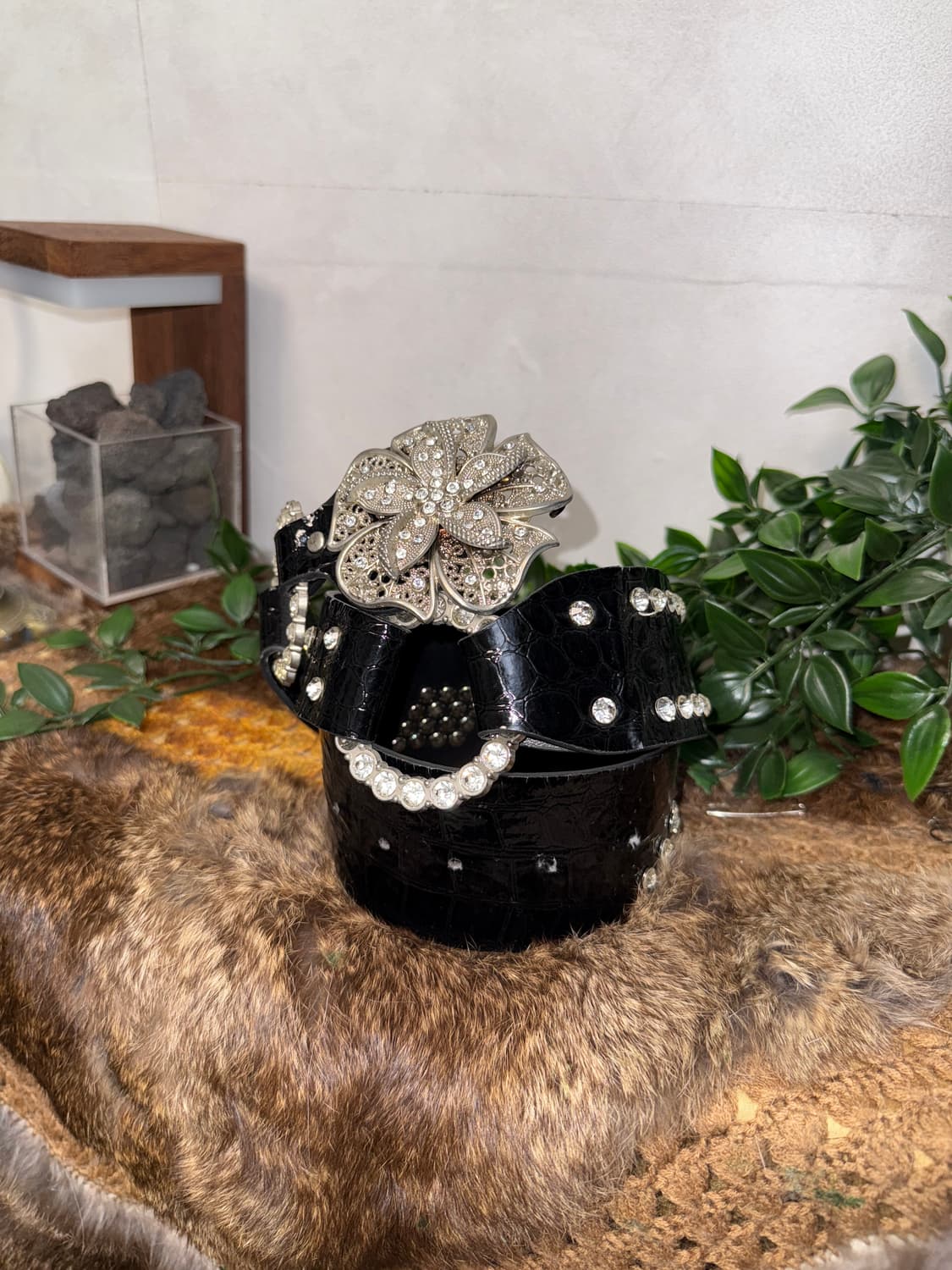 Black oriental flower cubic buckle belt 상품이미지3