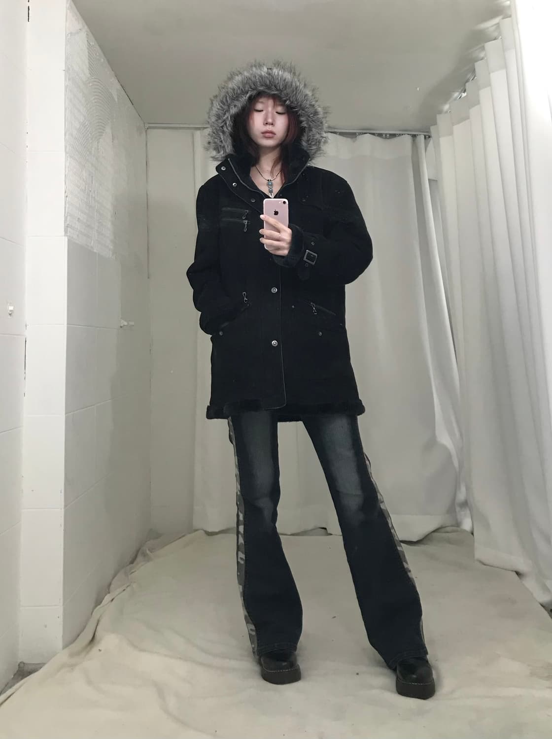 빈티지 블랙 앤 그레이 퍼 펑크 무스탕 상품이미지1