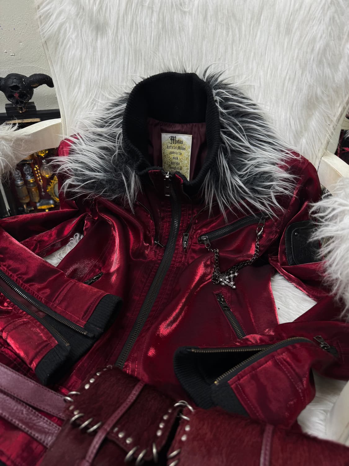 Midas 00s vkei satin red fur jacket 상품이미지3
