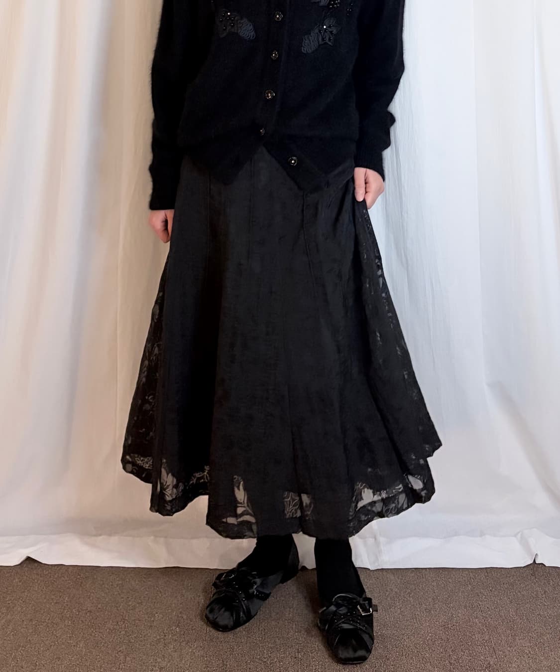 Sheer Pattern Long Skirt - Black 상품이미지1
