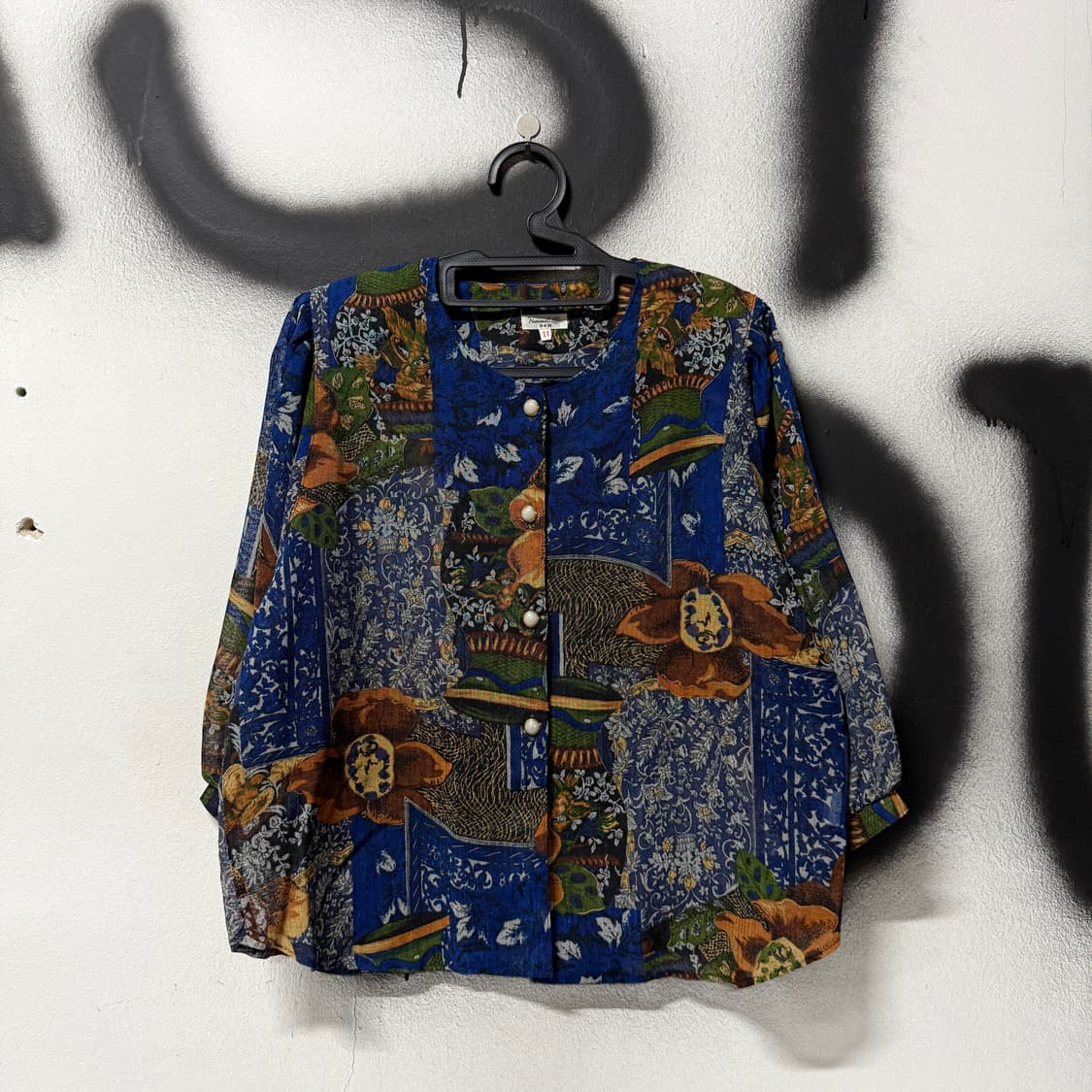VTG 빈티지 에스닉 패턴 블루톤 논카라 긴팔 셔츠 블라우스 자켓 상품이미지1