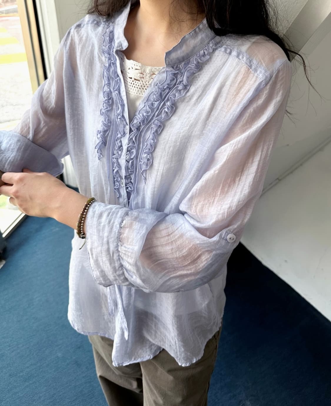 Sheer fabric shirred design blouse shirt 상품이미지2
