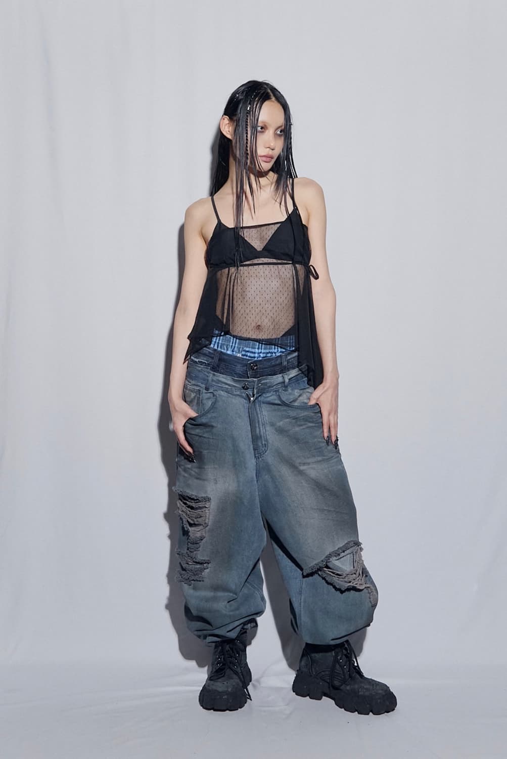 Blr 디스트로이드 오일 워시드 와이드 데님팬츠 라이트블루 상품이미지2