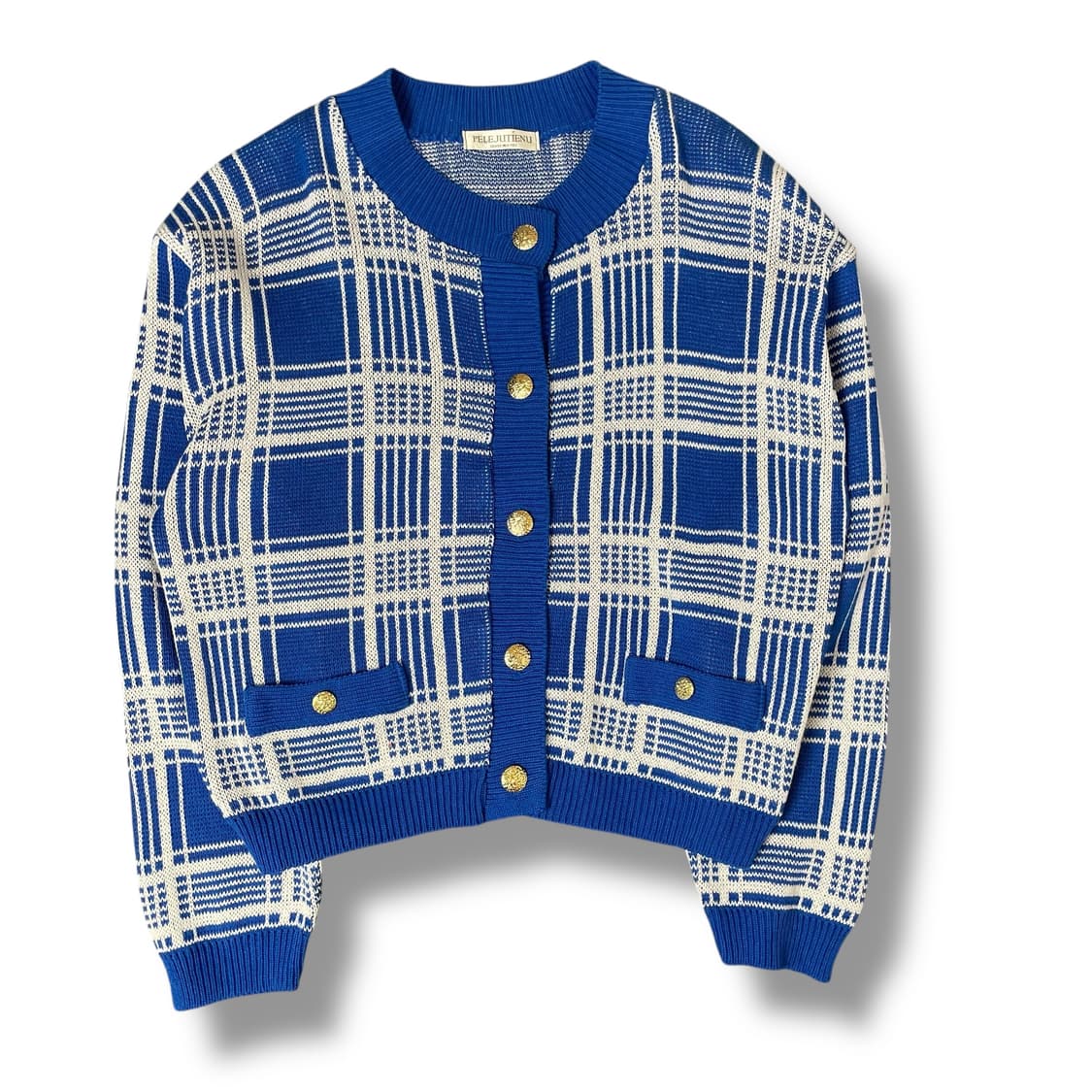 PELEJUTIENU 블루 화이트 체크 금장 가디건 상품이미지1