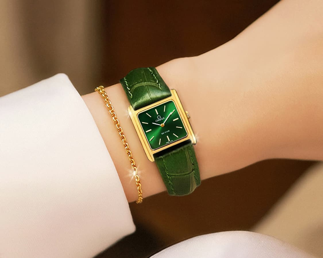 희귀 오메가 드빌 그린 선레이 18K GP 여성 가죽 수동 시계 상품이미지2