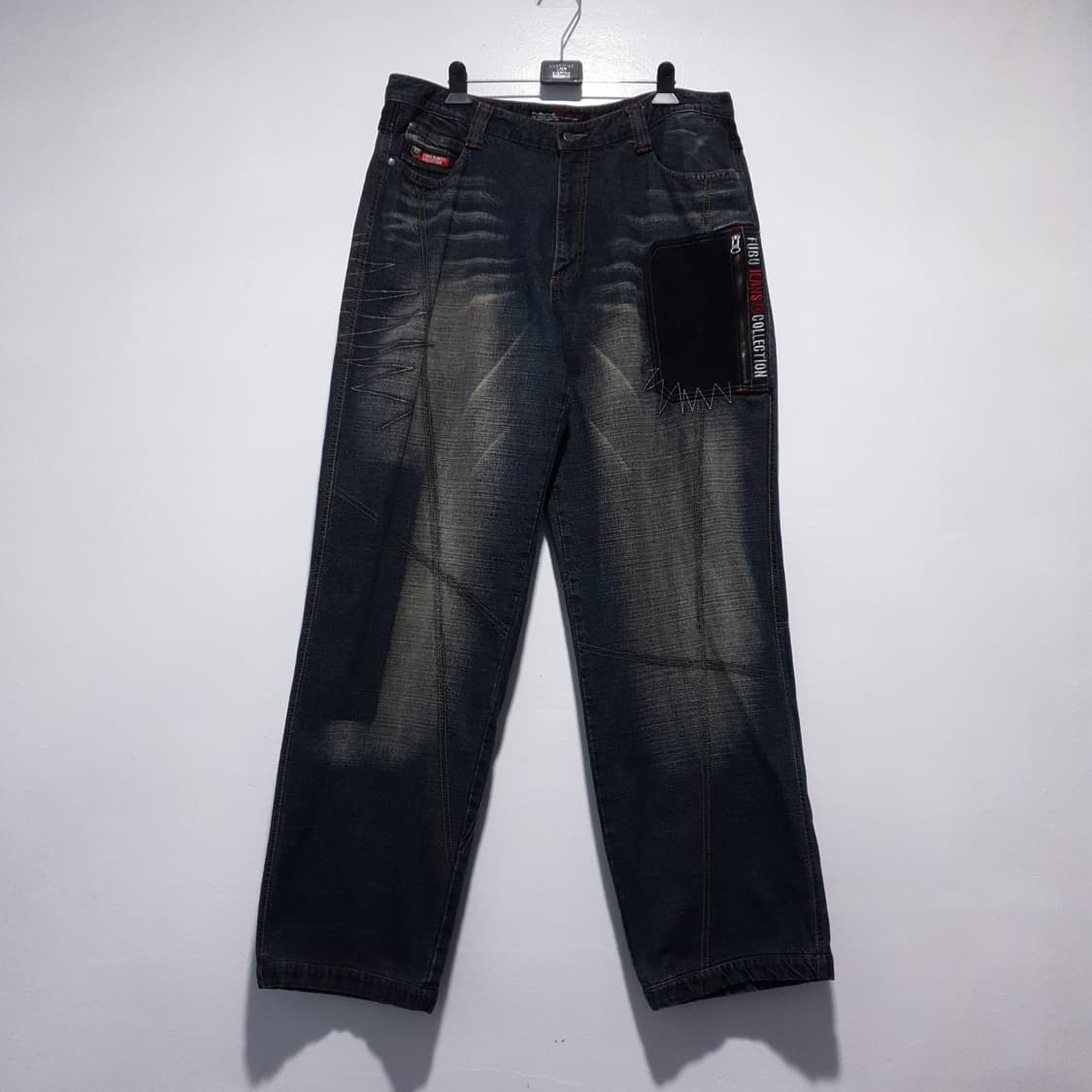 36인치) 후부 빅로고 데님 올드스쿨 힙합 패치워크 와이드 데님 팬츠 상품이미지1