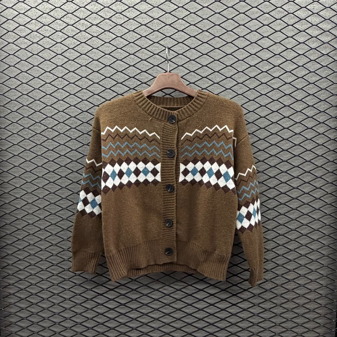 JPN VINTAGE 에스닉 니트 가디건 아가일 패턴 빅버튼 디테일 상품이미지2