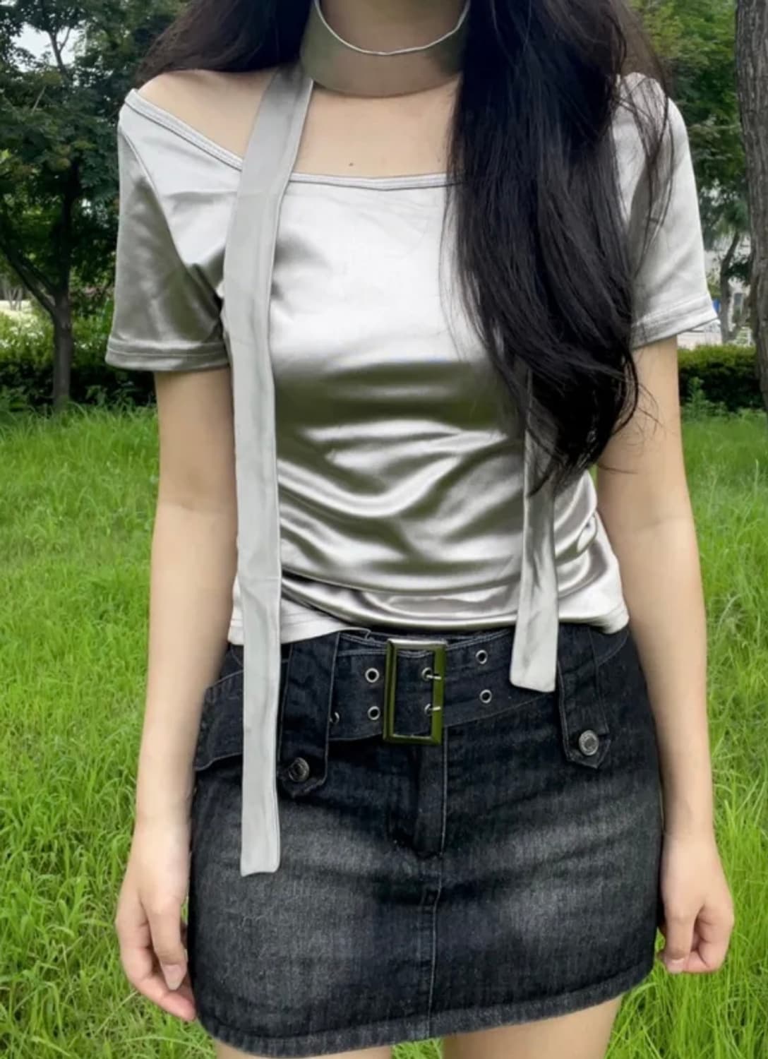 빈티지 실버 슬리브리스 반팔 오프숄더 상품이미지2