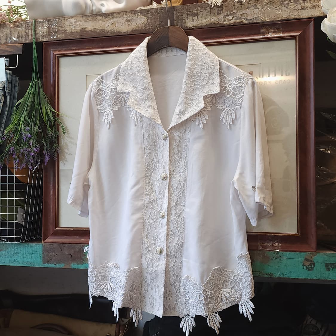 90s 유럽 빈티지 로맨틱 화이트 플라워 자수 반팔 셔츠 프렌치 블라우스 상품이미지2