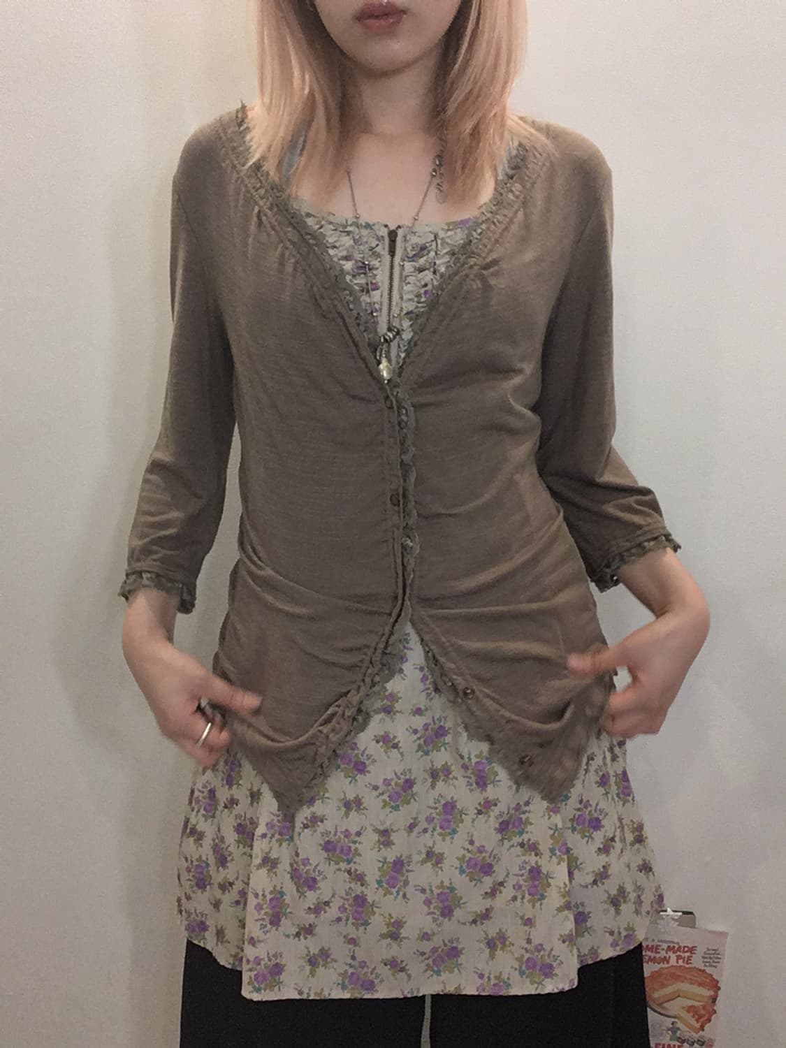 jpn vintage 브라운 레이스 셔링 가디건 상품이미지5
