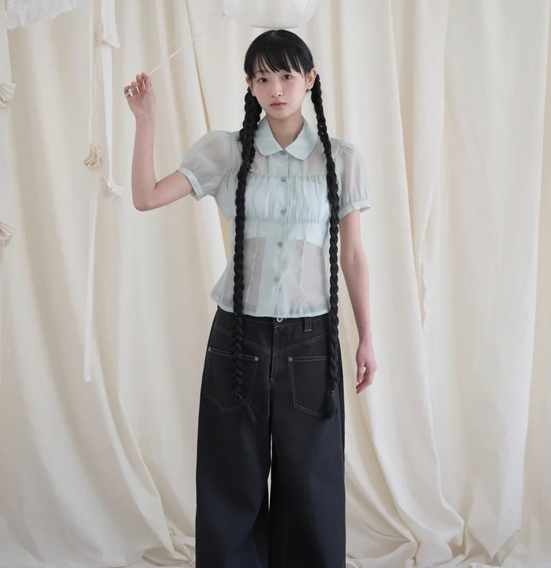 미레코 SHIRRING SHEER BLOUSE PISTACHIO 상품이미지2