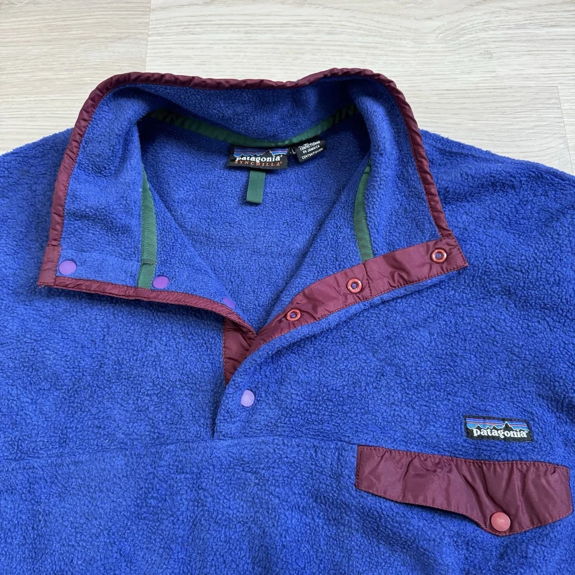 90s 파타고니아 신칠라 스냅-T 플리스 로얄블루/버건디 자메이카 메이드 상품이미지2