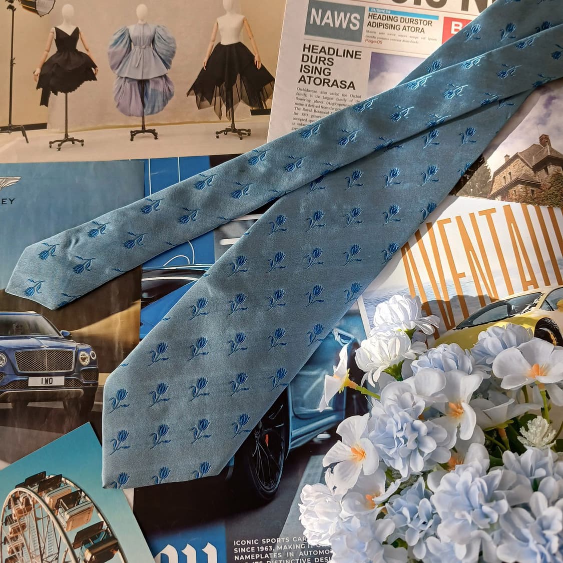 던힐 실크 블루 플라워 자카드 넥타이 9.3cm A등급 A19587
 상품이미지2