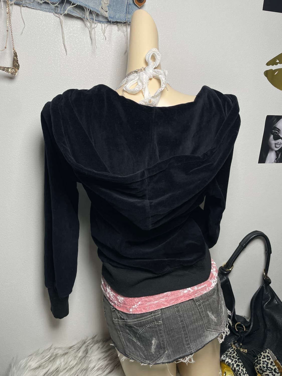 갸루 러블리 블랙 핑크 벨벳 후드집업 상품이미지5