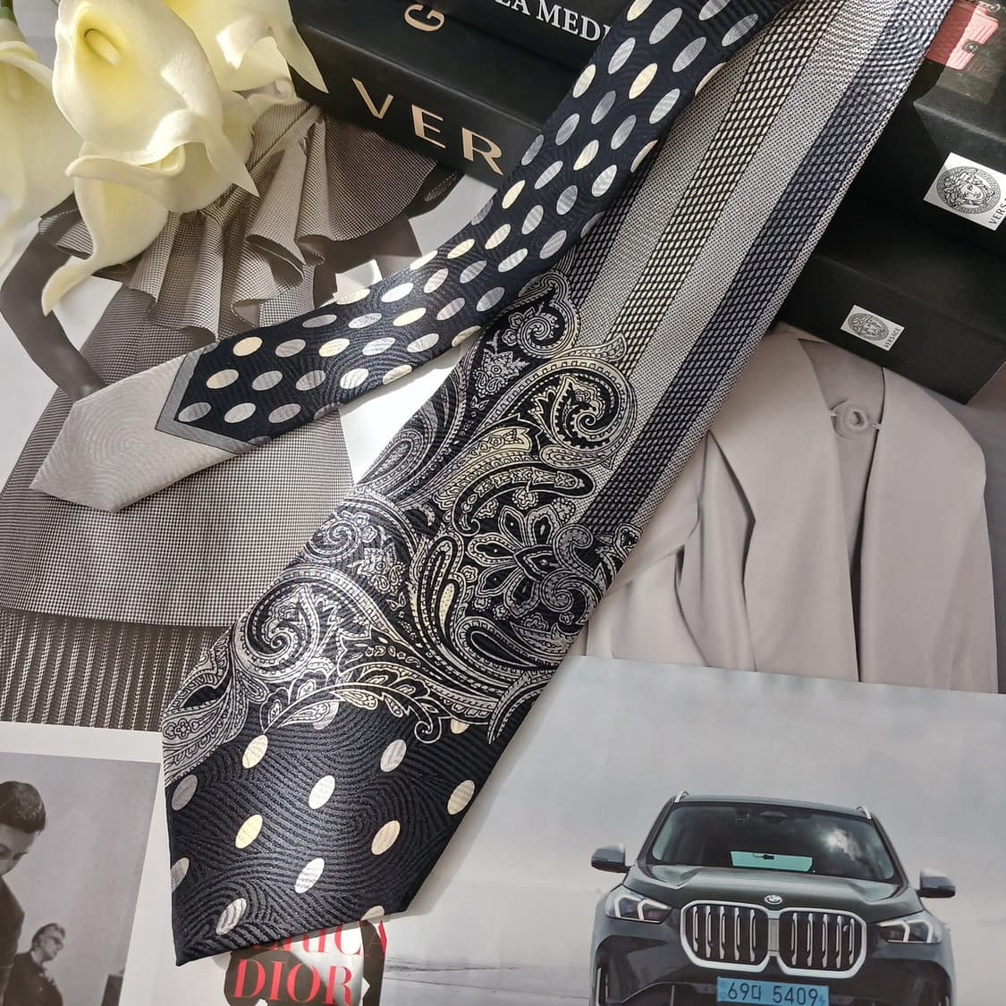 VERSACE 베르사체 실크 그레이 페이즐리&도트 넥타이 9.3cm A등 상품이미지3