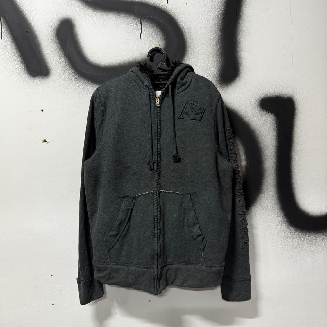 VTG 빈티지 퍼 안감 y2k 다크 그레이 집업 후디 상품이미지1