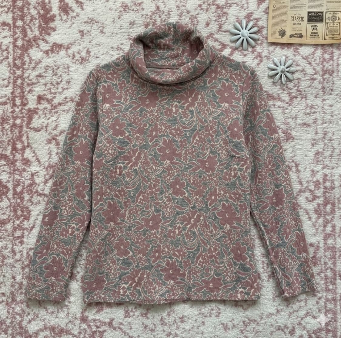 빈티지 딸기우유 플라워 패턴 폴라 니트 973 y2k 스트릿 갸루 펑키 상품이미지1