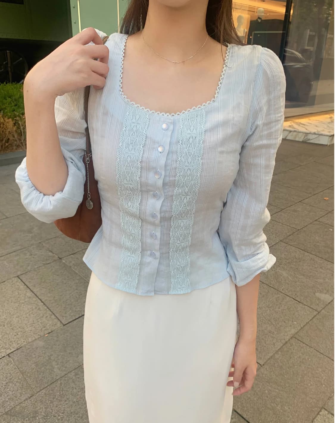 제니오 펄 에스닉 블라우스 베이비블루 상품이미지1