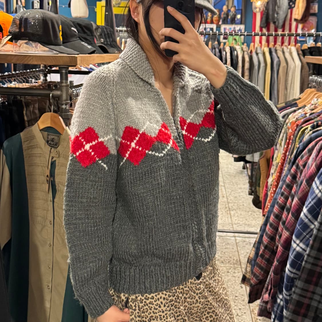 vintage 빈티지 아가일 배색 니트 집업 상품이미지2