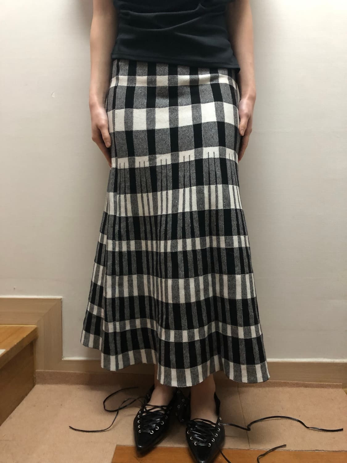 빈티지 블랙앤화이트 체크 롱 니트 스커트 상품이미지5
