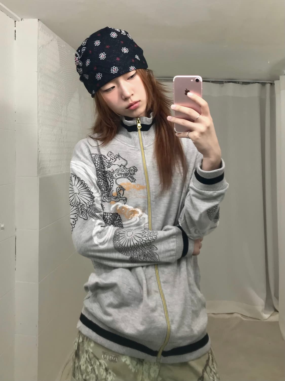 빈티지 오리엔탈 용 프린팅 그레이 져지 집업 상품이미지1