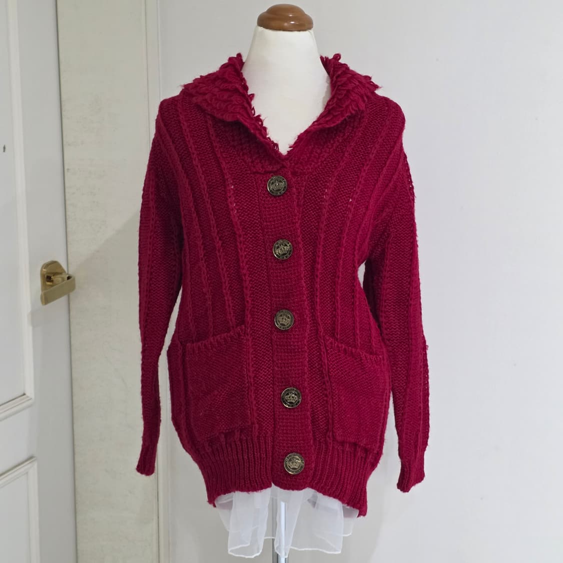 일본빈티지)레드 케이블 모리걸st 오네갸루 카라 케이블 더블니트 가디건 상품이미지3